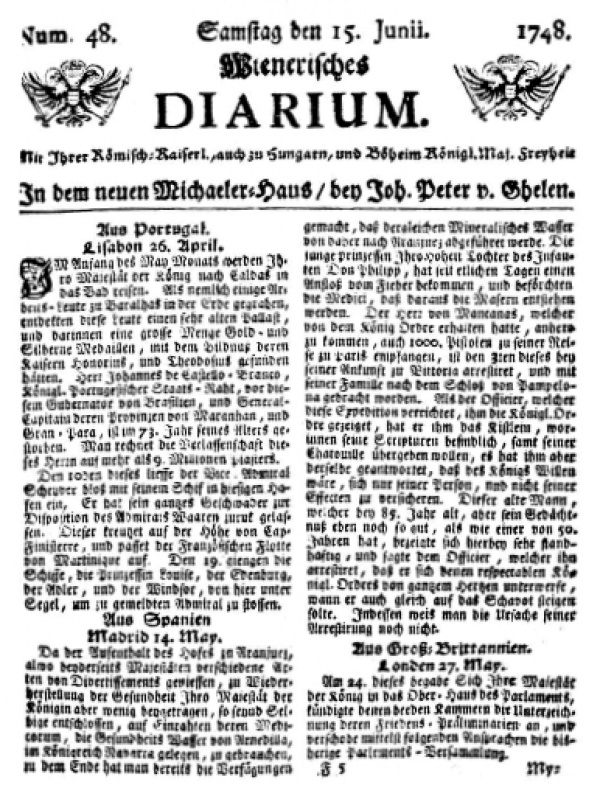 Wienerisches Diarium, titulní list vydání z 15. června 1748. Österreichische Nationalbibliothek Wien.